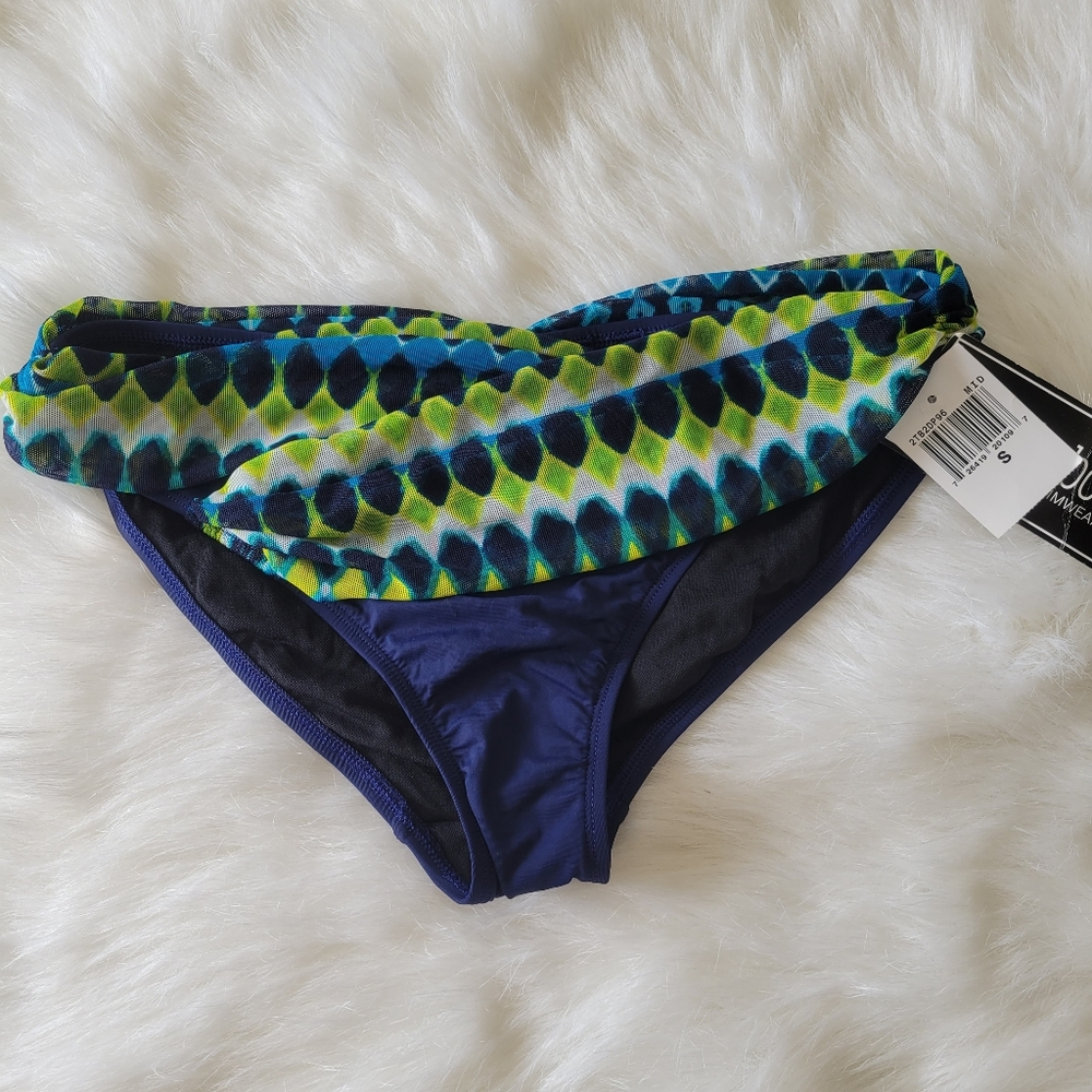 2BAMBOO Tie Dye Power Mesh Waistband Bikini Bottom Navy/Green/Aqua/White NWT